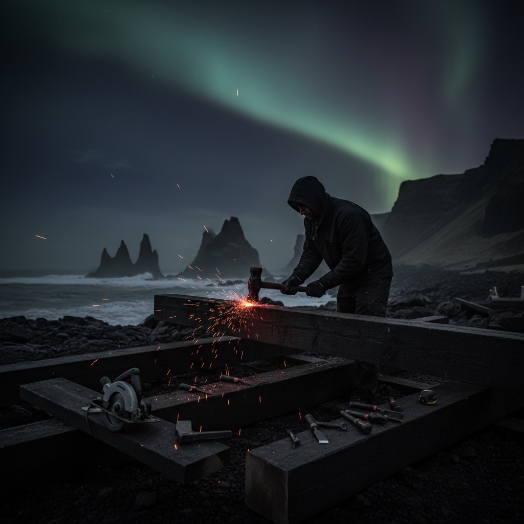 vytvor obrazok ktory suvisi s pracou na islande a tesara s ciernym motivom